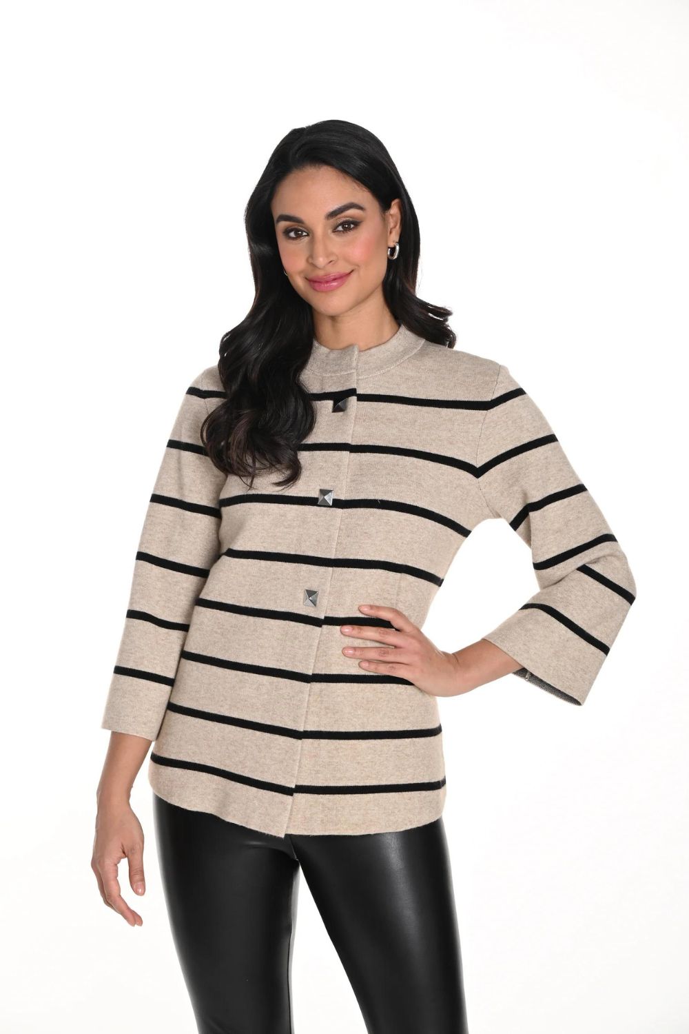 Frank Lyman Striped Knit Jacket | Beige/Black_Shop 12