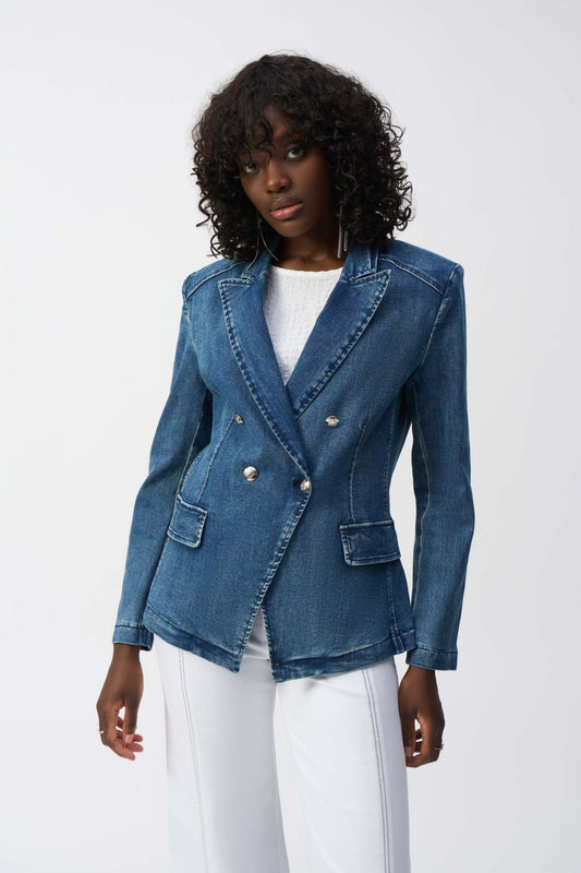 Stretch Denim Double-Breasted Blazer | Medium Blue