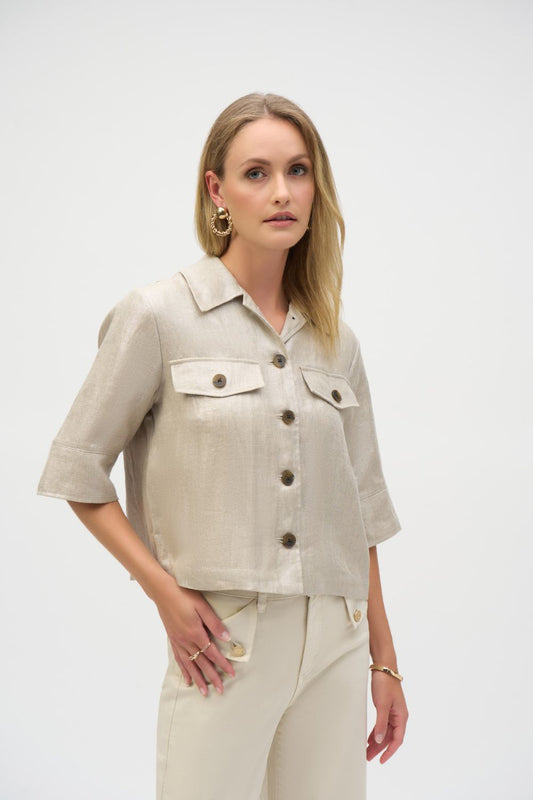 Foiled Linen Blend Boxy Jacket | Champagne