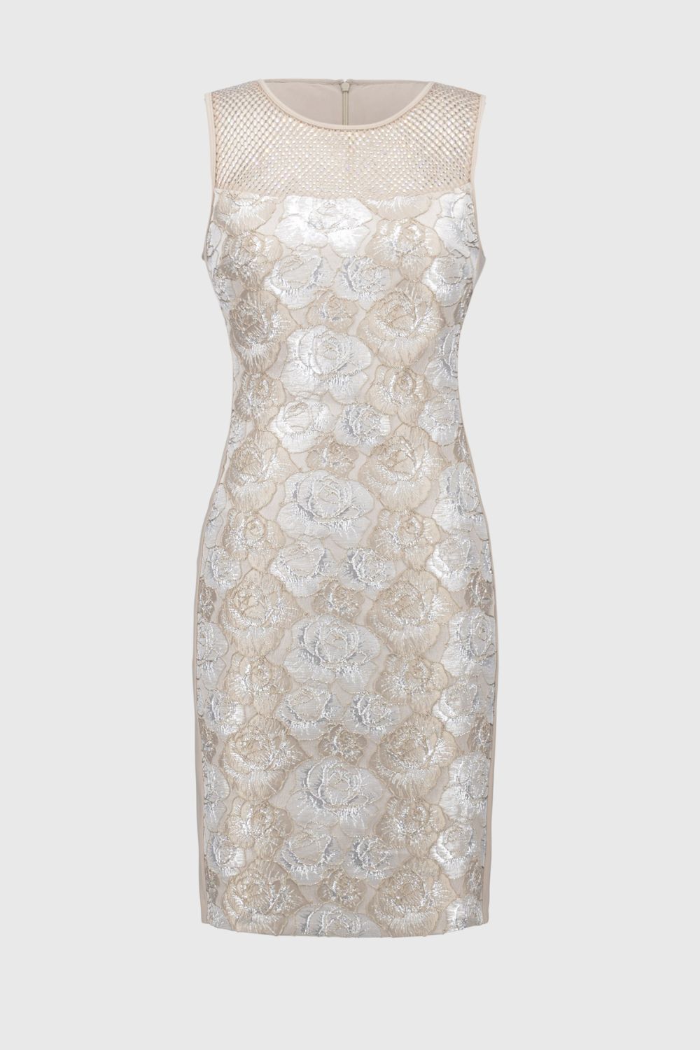 Brocade Floral Print Sheath Dress | Beige/Silver