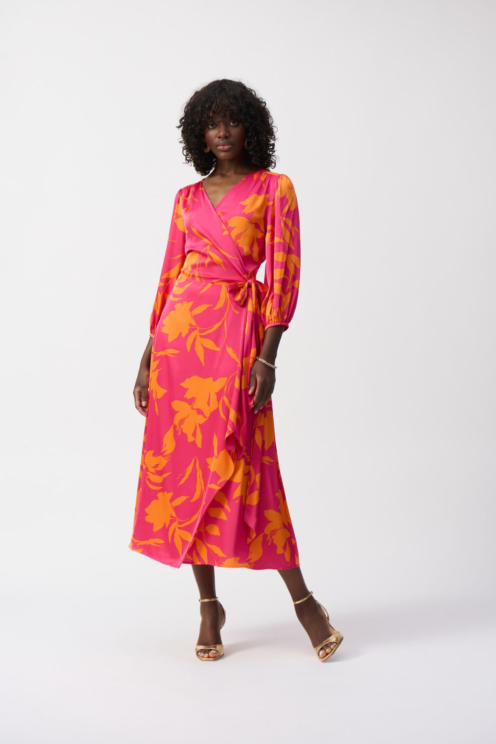 Satin Floral Print Wrap Dress | Pink/Orange