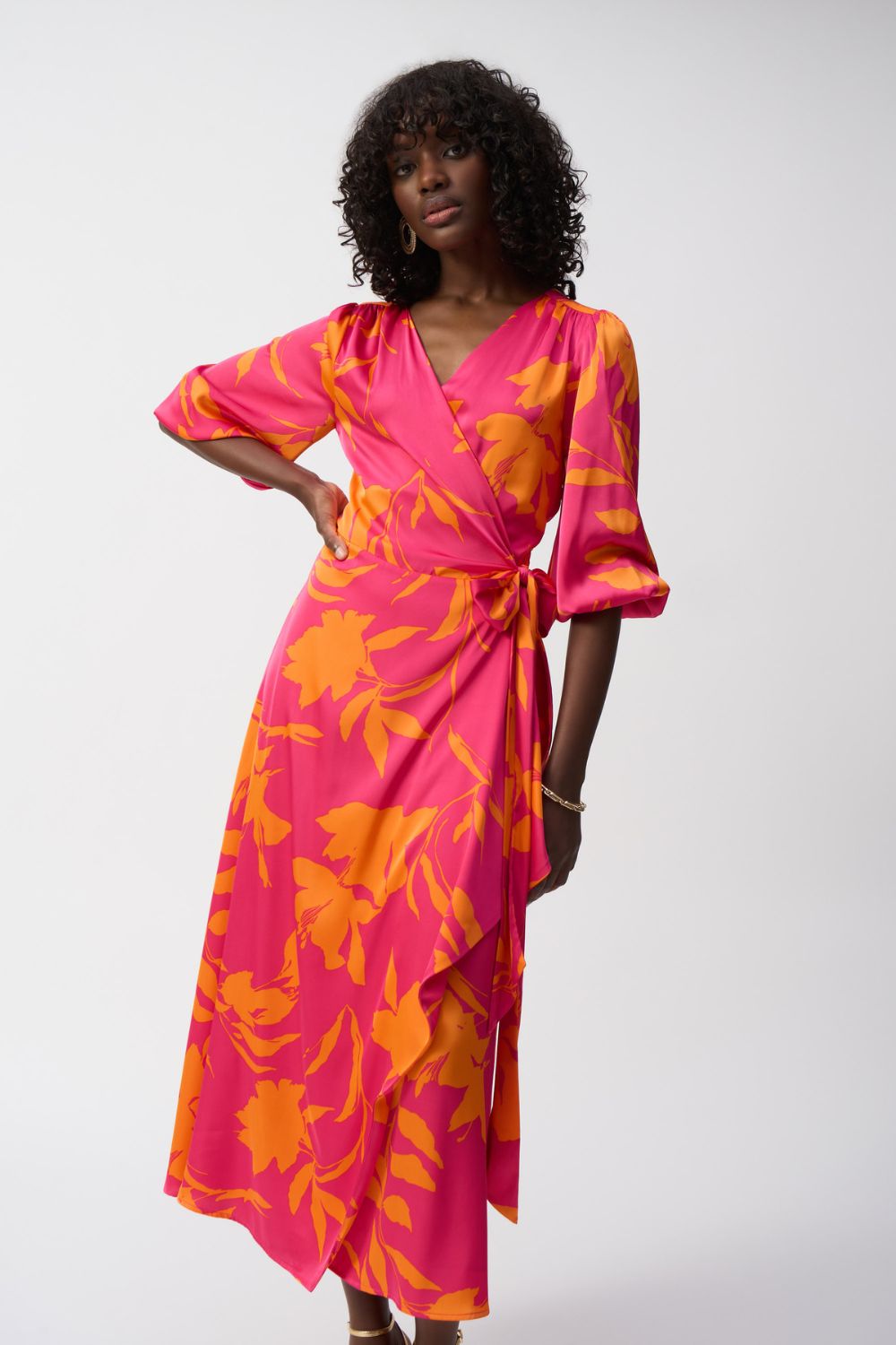 Satin Floral Print Wrap Dress | Pink/Orange