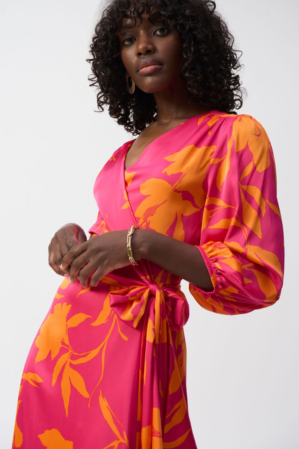 Satin Floral Print Wrap Dress | Pink/Orange