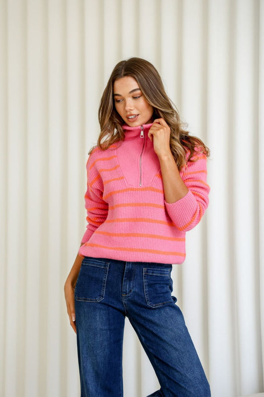 Shop 12 Bendigo Stripe Zip Knit | Pink/Orange